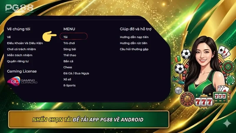 Nhấn chọn mục Tải trong danh sách để tải app PG88